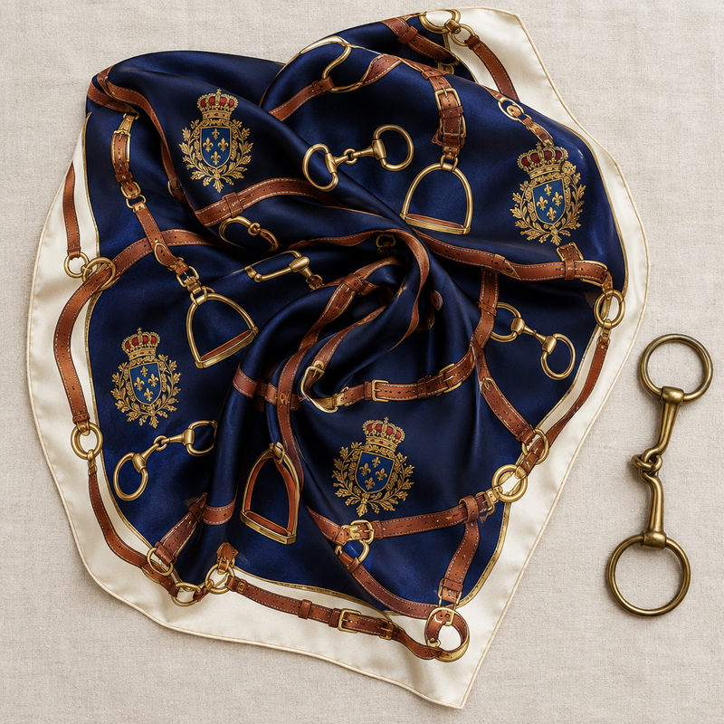 100% Mulberry Silk Twill Scarf 90x90cm - French Equestrian Horse Bit & Stirrup Flat Lay on Textured Linen