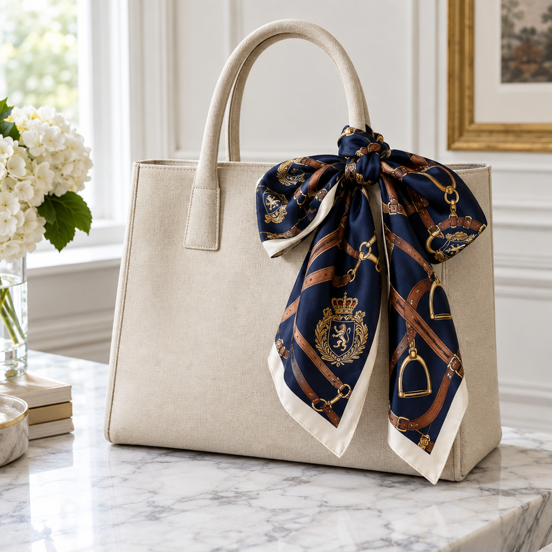 Plushington Equestrian Silk Scarf Tied in an Elegant Bow to a Canvas Tote Bag