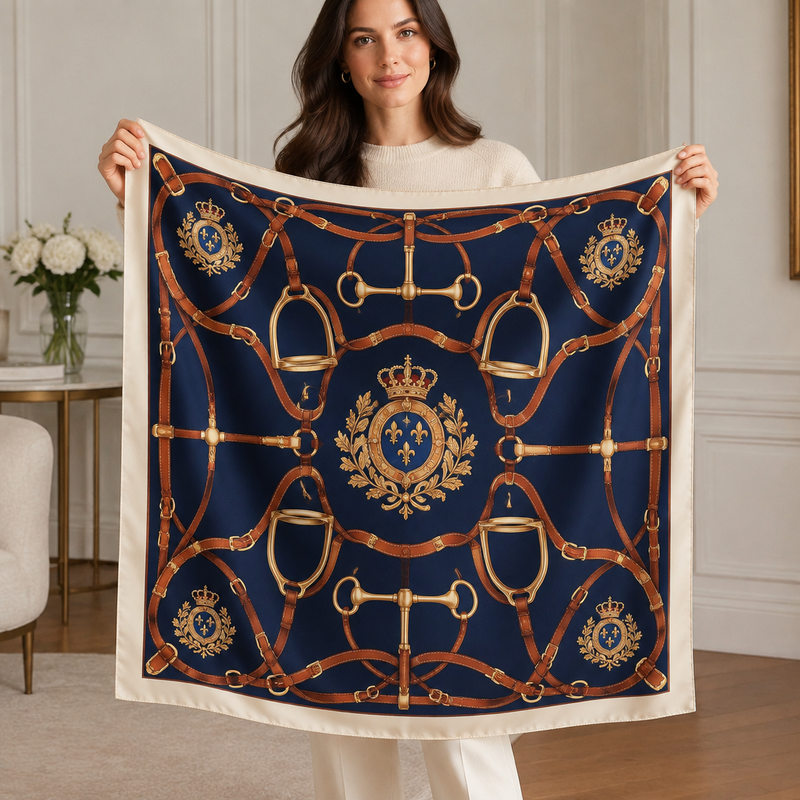 Woman in Cashmere Sweater Holding the 90x90cm Equestrian Silk Scarf Demonstrating Scale and Drape